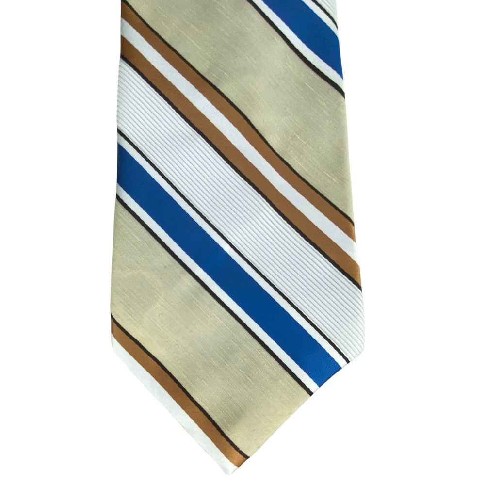 VTG Oleg Cassini by Burma Tie Tan Blue Brown Stripe 70s Preppy Ultra Wide 55x4.5
